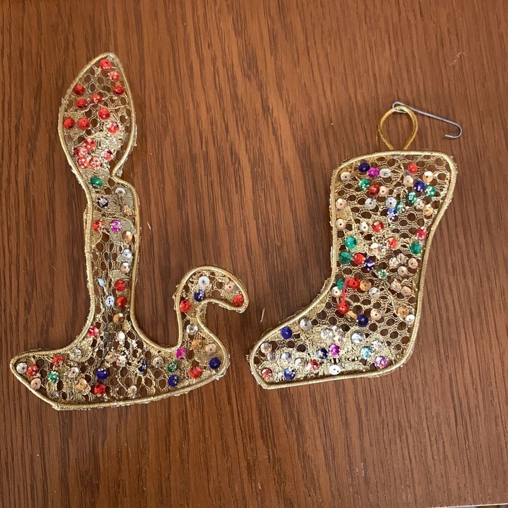 2 Vtg gold‎ with spangles Christmas tree ornaments